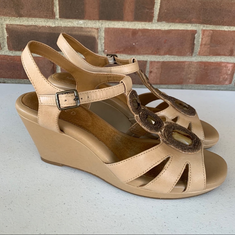 Michelle D tan leather wedge jeweled sandals